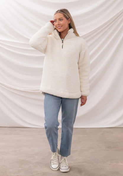 Lighthouse womens zip fleece in cream white soft sherpa fabric with half zipper and long sleeves
