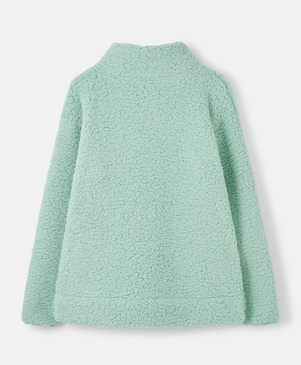 Lighthouse womens zip neck fleece in light green sherpa fabric shown from the back