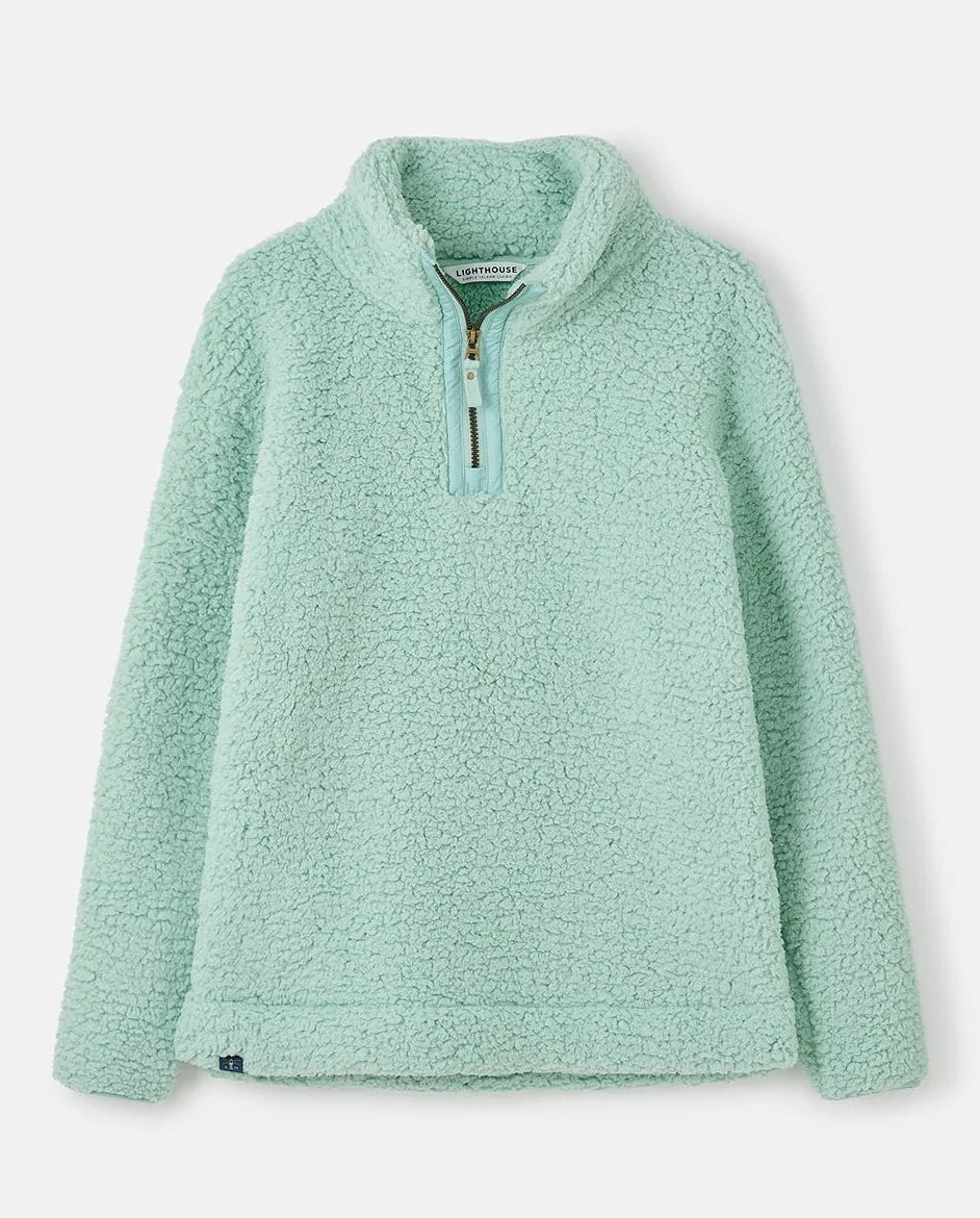 Lightweight soft aqua Lighthouse womens zip neck fleece with long sleeves and quarter zip collar