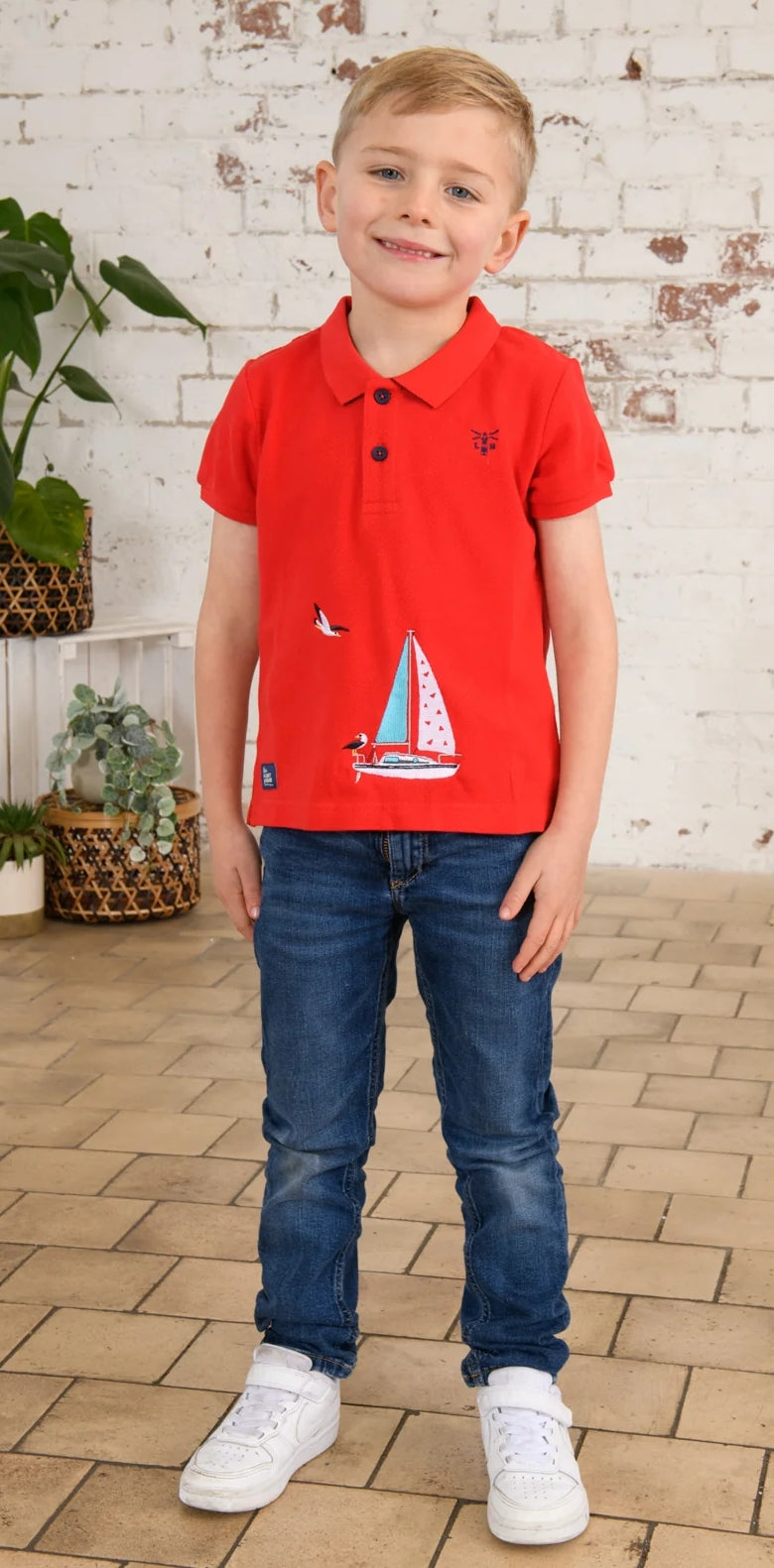 Lighthouse Kids Pier Short Sleeve Pique Polo Shirt - Pillarbox Red / Boat