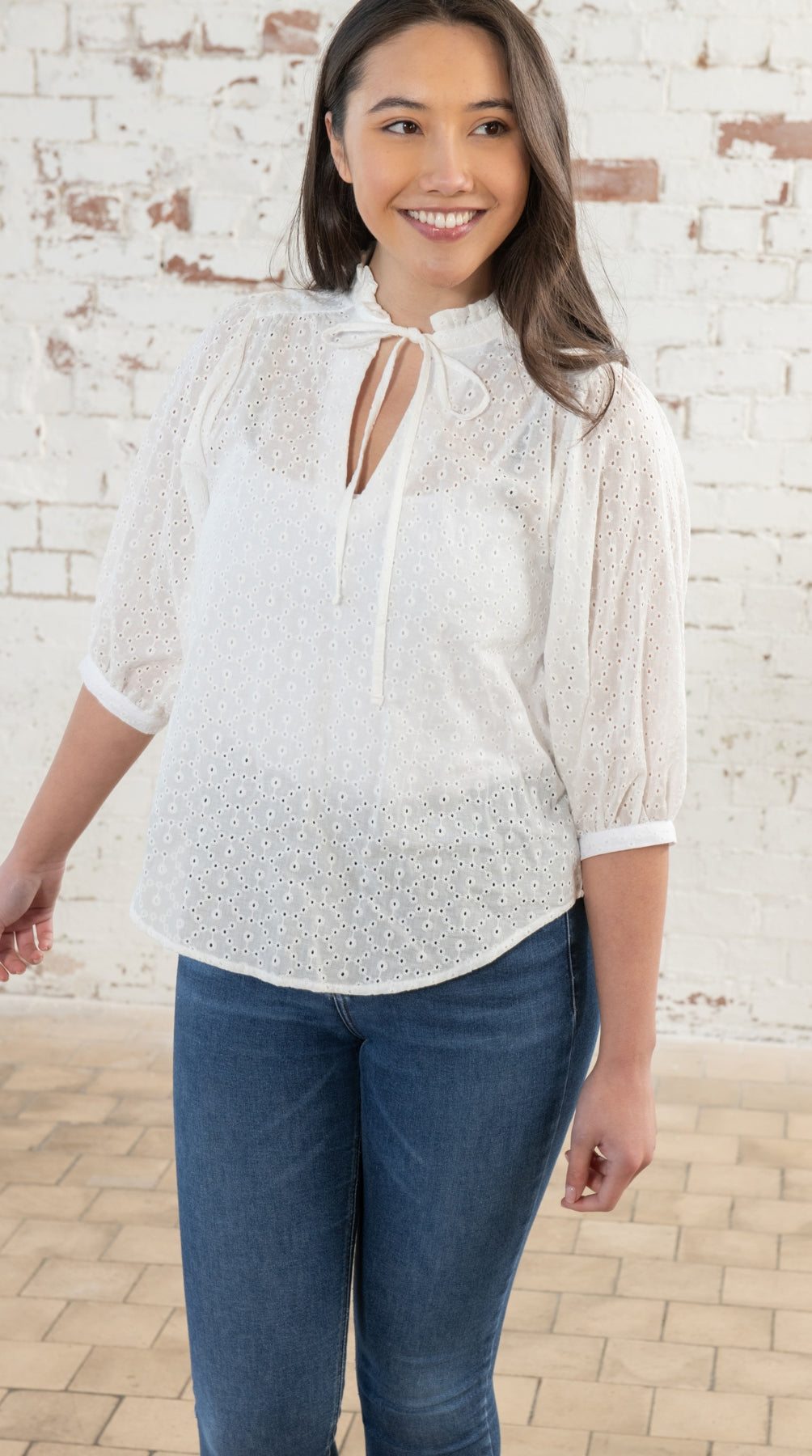 3/4 Sleeve broderie anglais white women's Lola blouse from Lighthouse.