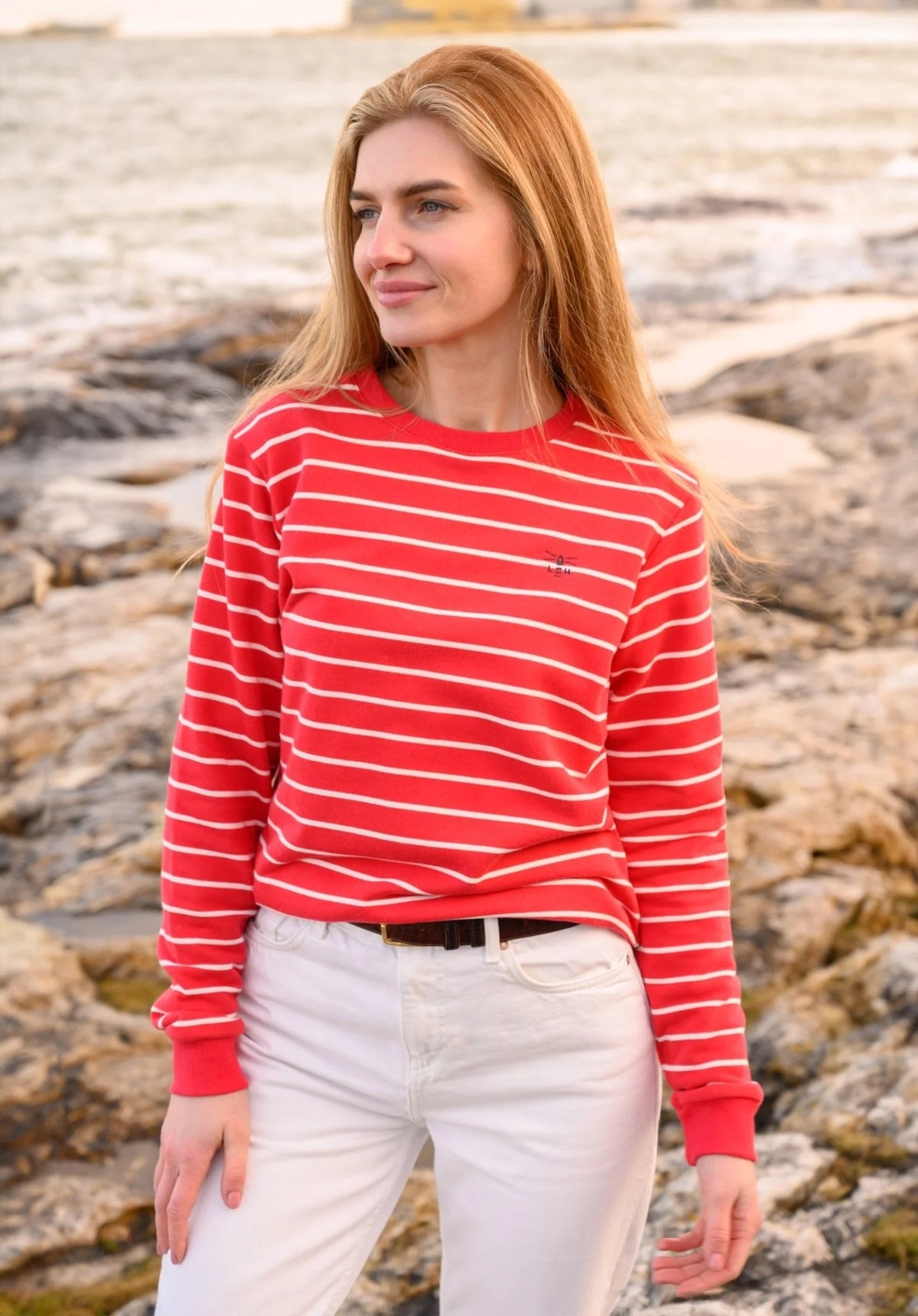 Crew neck women's Poppy Red sweatshirt from Lighthouse with a white stripe print.