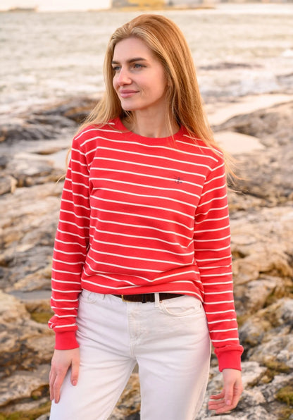 Crew neck women's Poppy Red sweatshirt from Lighthouse with a white stripe print.