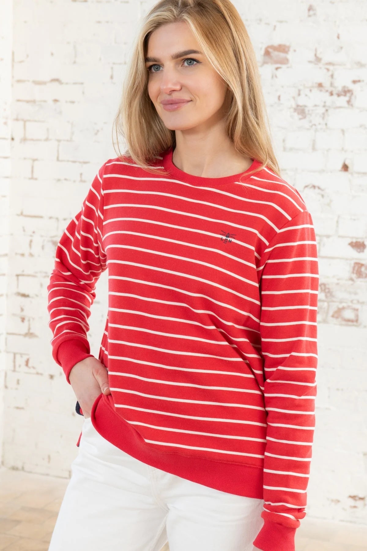 Lighthouse women's crew neck Seaside sweatshirt in Poppy Red with white stripe pattern.