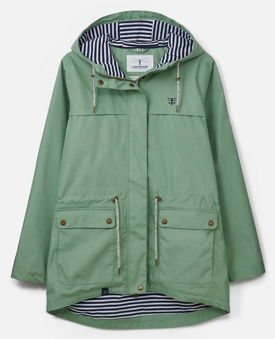 Lighthouse womens Pistachio Green Alicia waterproof jacket with stripe lining.