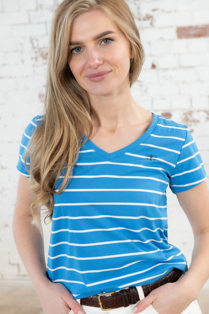 Lighthouse Womens Ariana V-Neck T-Shirt - Azure Blue Stripe