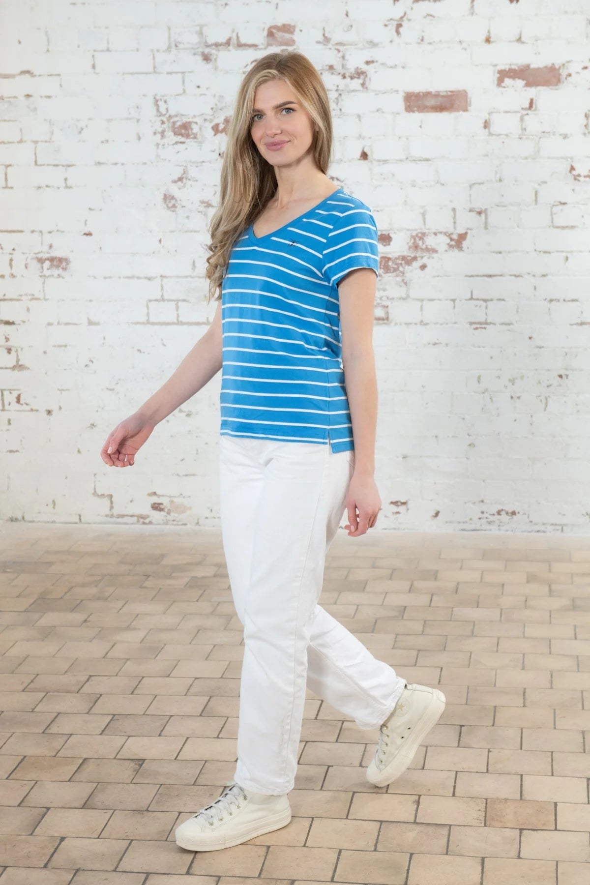 Lighthouse Womens Ariana V-Neck T-Shirt - Azure Blue Stripe