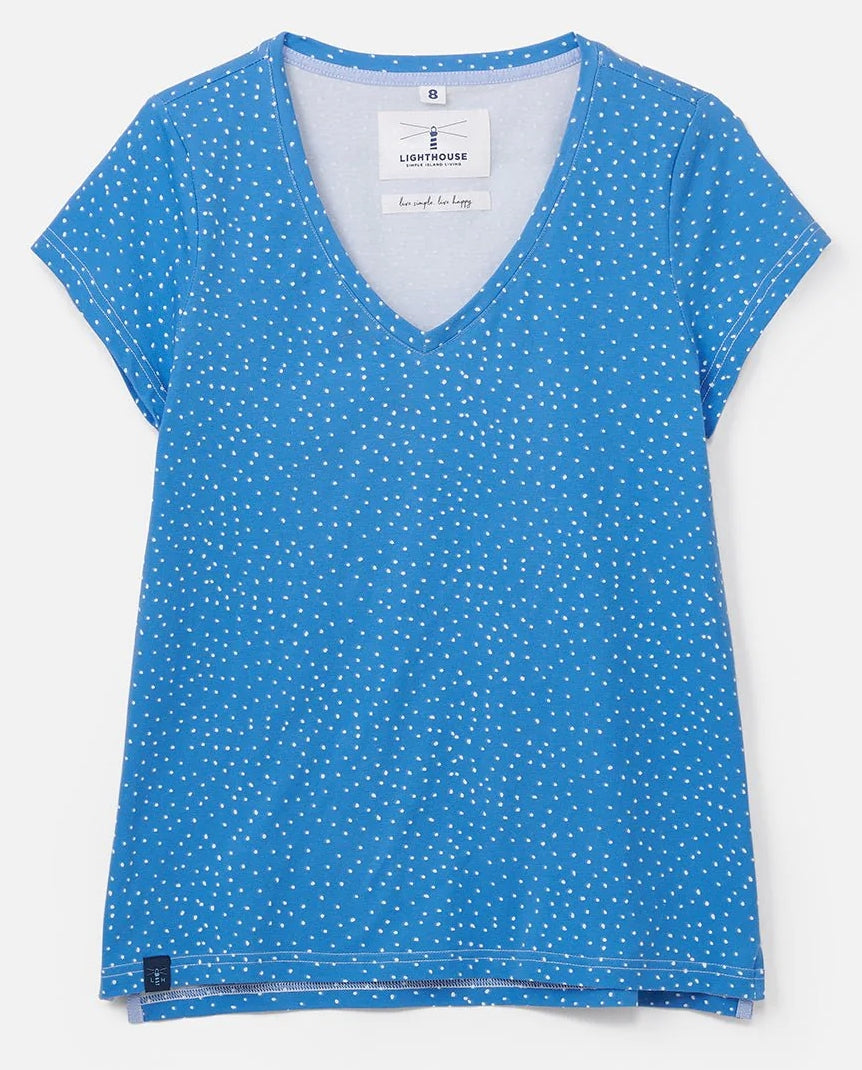 Women's Ariana v-neck short sleeve tee fro Lighthouse in Marine blue with white polka dot pattern.