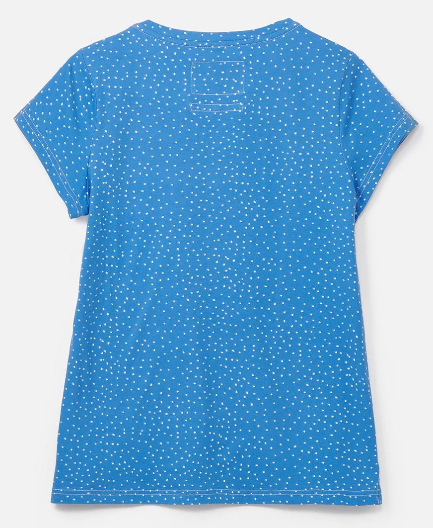 Short sleeve v-neck Ariana t-shirt from Lighthouse in Marine Blue with White dotty print.
