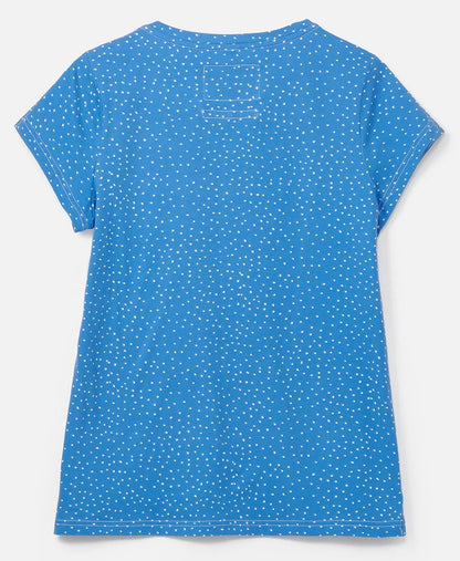 Short sleeve v-neck Ariana t-shirt from Lighthouse in Marine Blue with White dotty print.