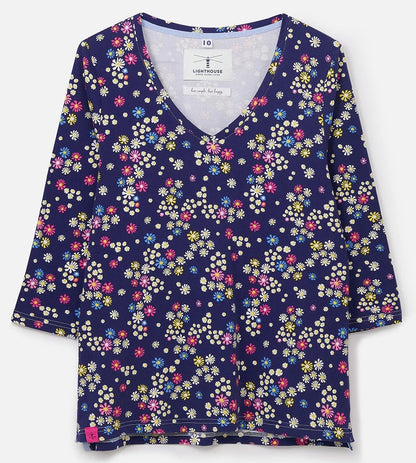 Lighthouse women's v-neck 3/4 sleeve Ariana tee in navy with a multicoloured floral pattern.