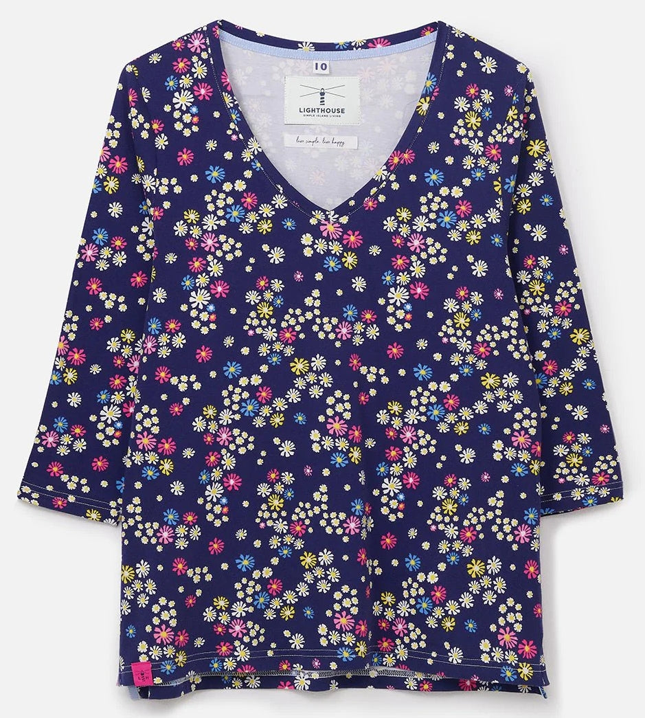 Lighthouse women's v-neck 3/4 sleeve Ariana tee in navy with a multicoloured floral pattern.