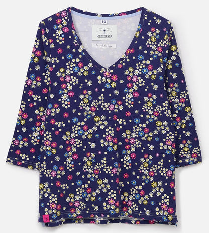 Lighthouse women's v-neck 3/4 sleeve Ariana tee in navy with a multicoloured floral pattern.