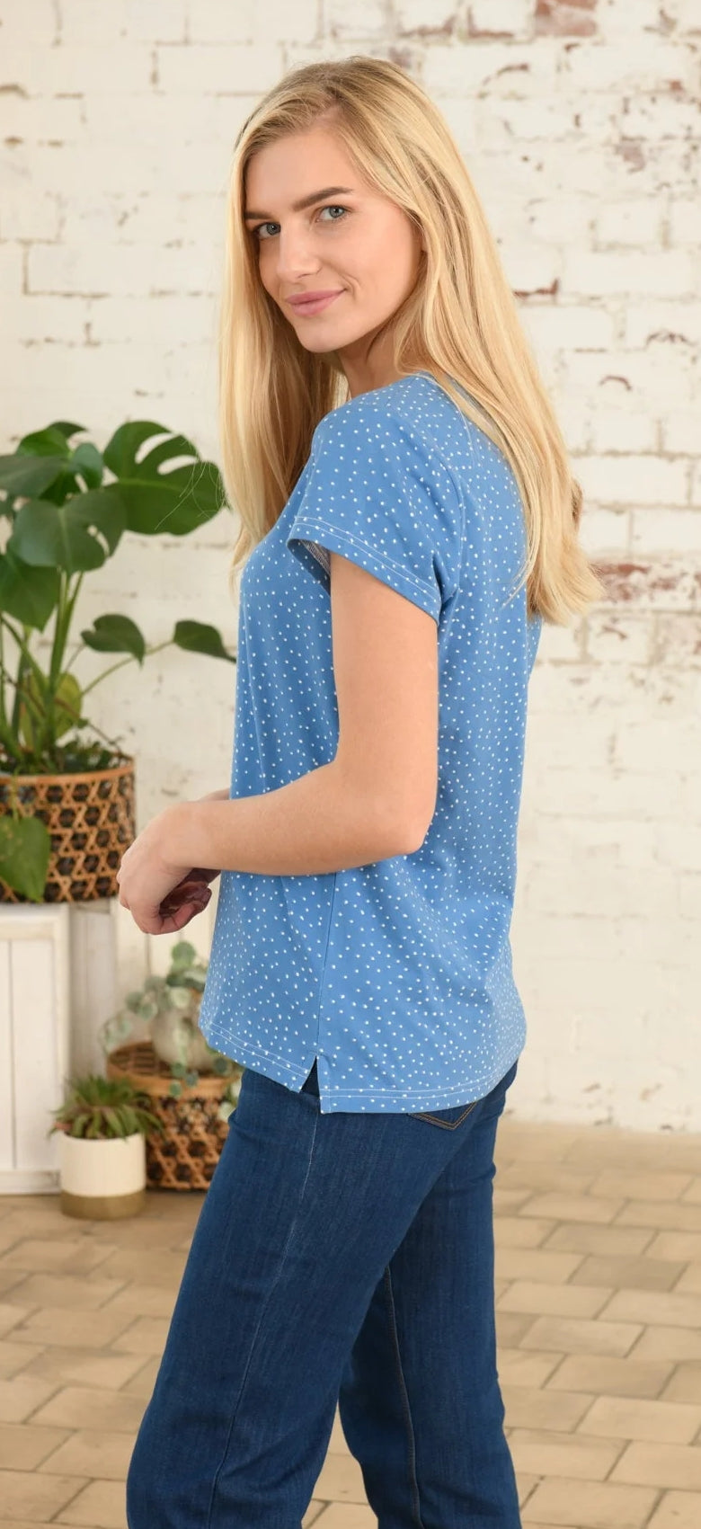 Lighthouse women's short sleeve Ariana t-shirt in Marine Blue with white dotty print.