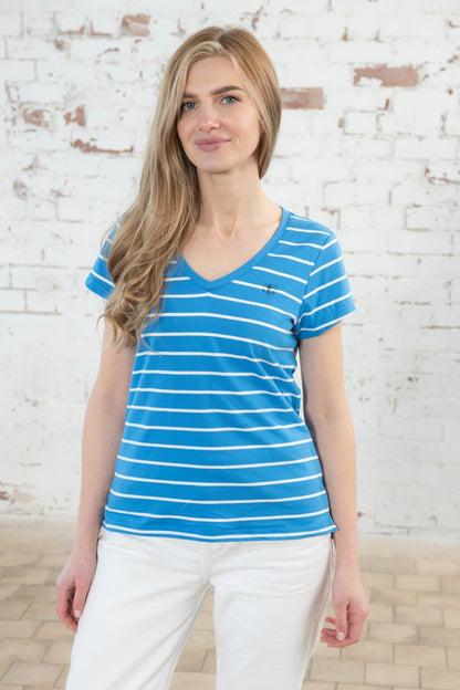 Lighthouse Womens Ariana V-Neck T-Shirt - Azure Blue Stripe
