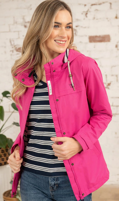 Waterproof women's hip length Beachcomber jacket from Lighthouse in bright Pink.
