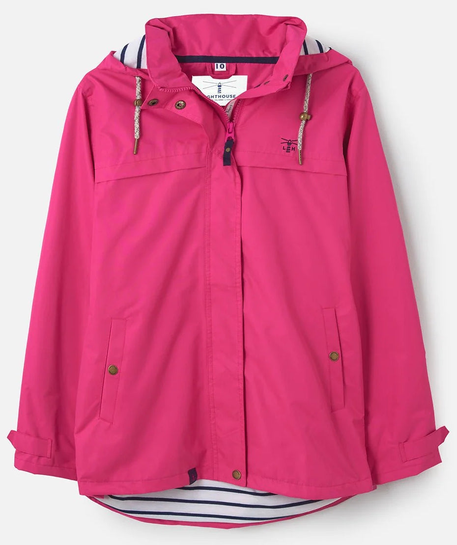 Women's bright pink Beachcomber hip length waterproof rain jacket from Lighthouse.