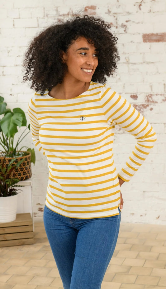 Lighthouse women's Causeway long sleeve breton top in white with Sunrise Yellow stripes.