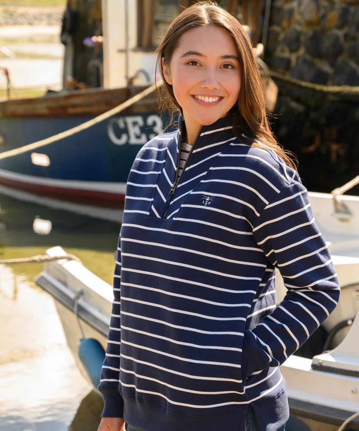 Lighthouse Womens Coral Funnel Neck Half Zip Jersey - Navy Stripe