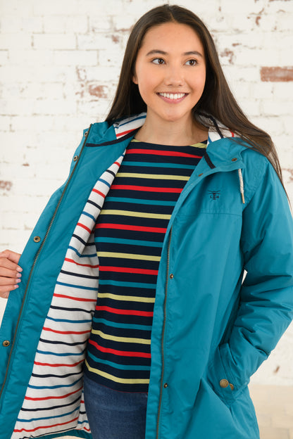 Lighthouse women's Peacock waterproof Eva Long padded coat with stripe lining.