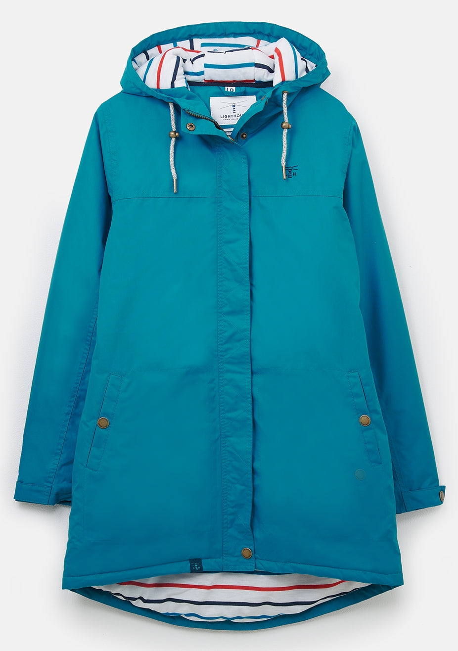 Women's Eva Long padded waterproof rain jacket from Lighthouse in Peacock.