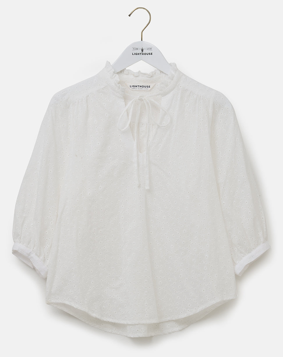 Tie ruched neckline women's broderie anglaise blouse from Lighthouse in white.