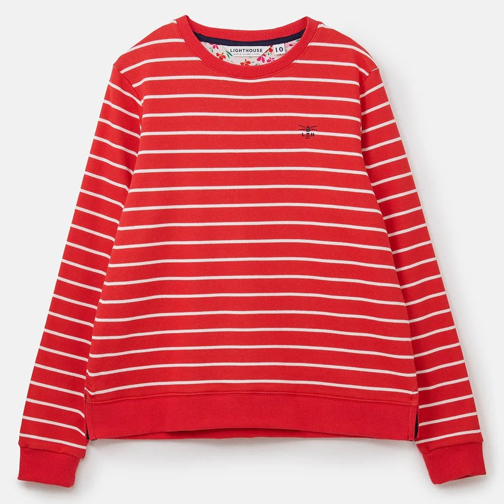 Women's Poppy Red and white stripe Seaside crew neck sweatshirt from Lighthouse.