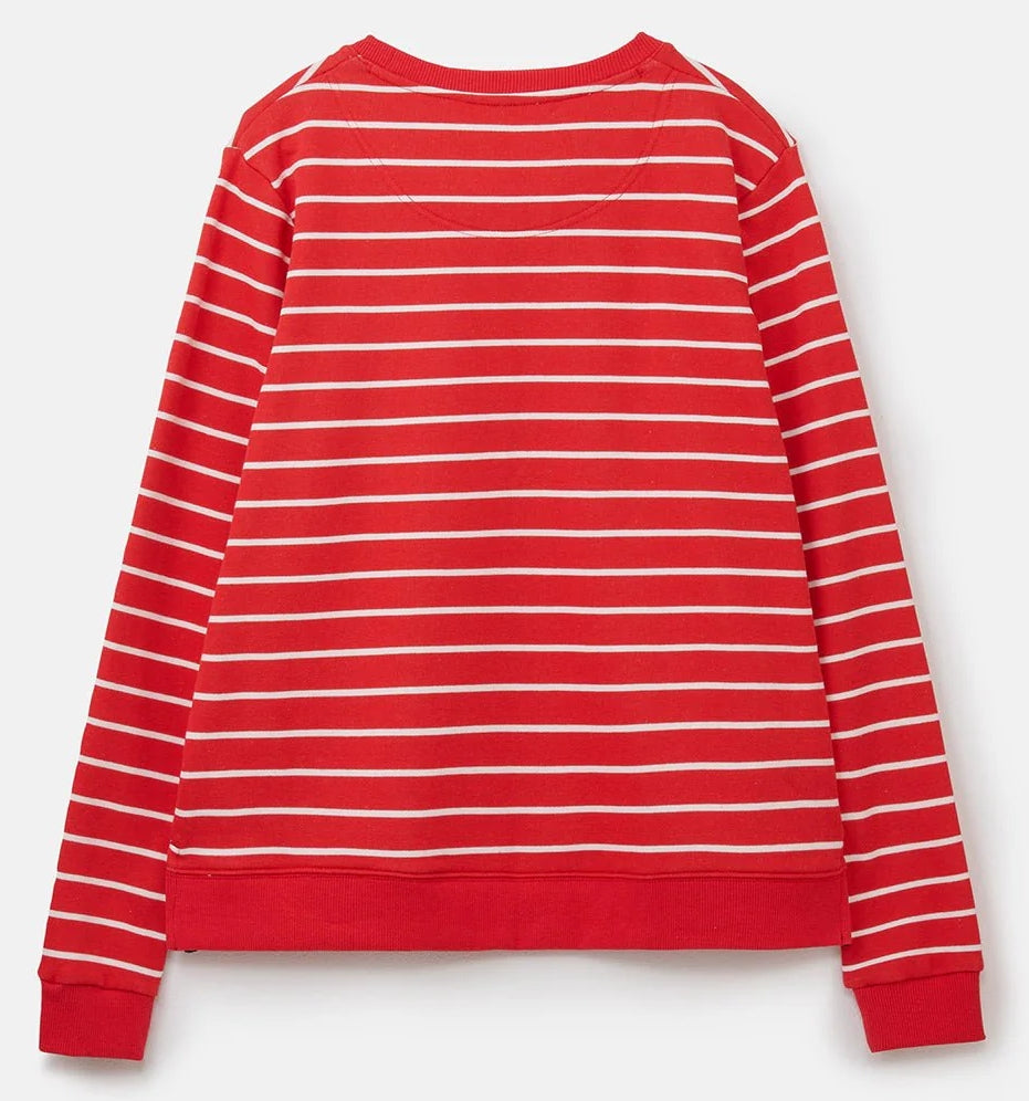 Stripy pattern crew neck women's Seaside sweatshirt from Lighthouse in Poppy Red with white stripes.