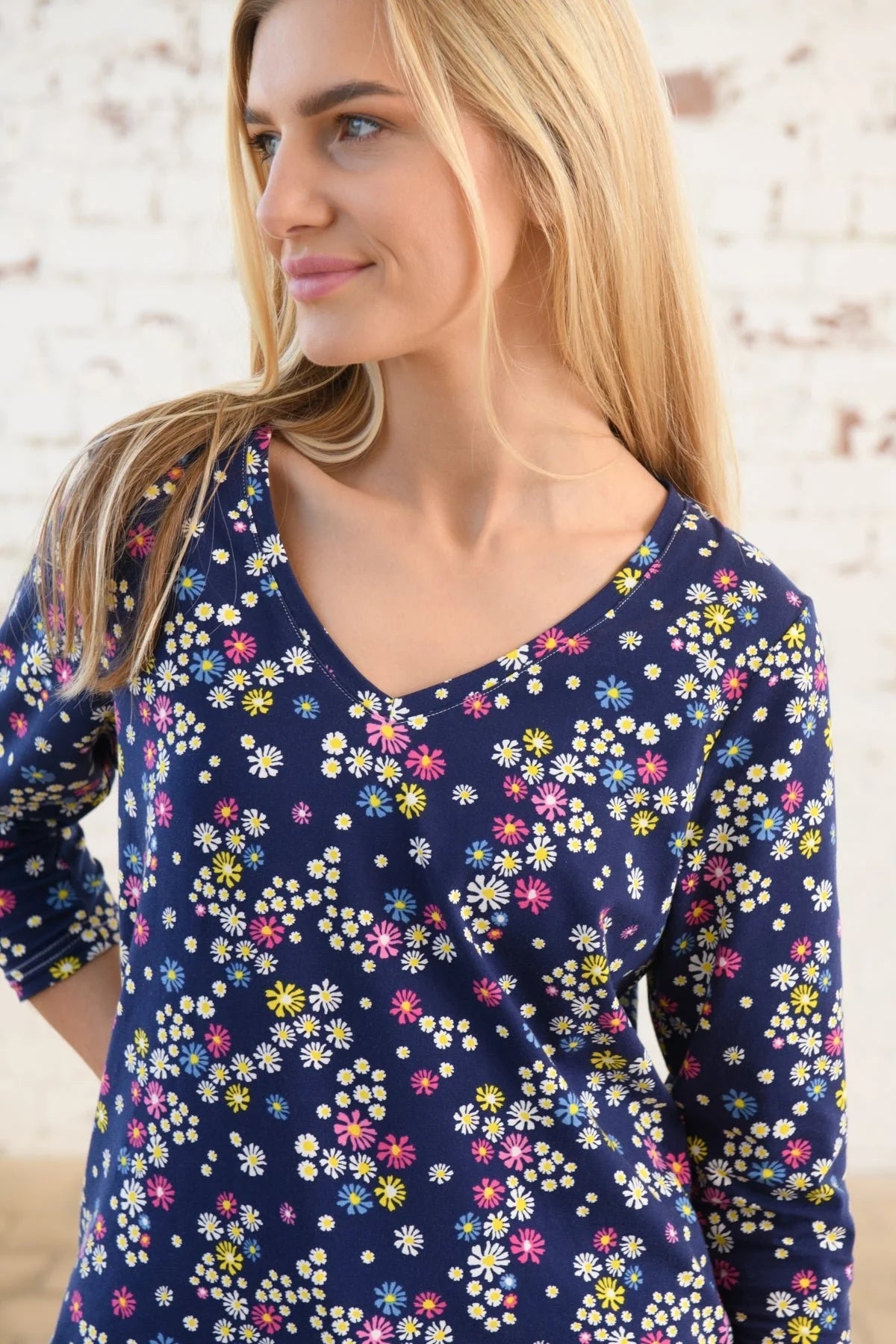 Navy with multicoloured floral Daisy pattern women's Ariana t-shirt from Lighthouse.