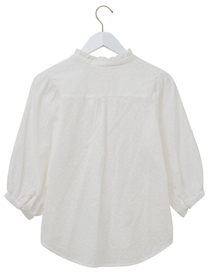 Three quarter sleeve ruched neckline women's broderie anglaise Lola blouse from Lighthouse in white.