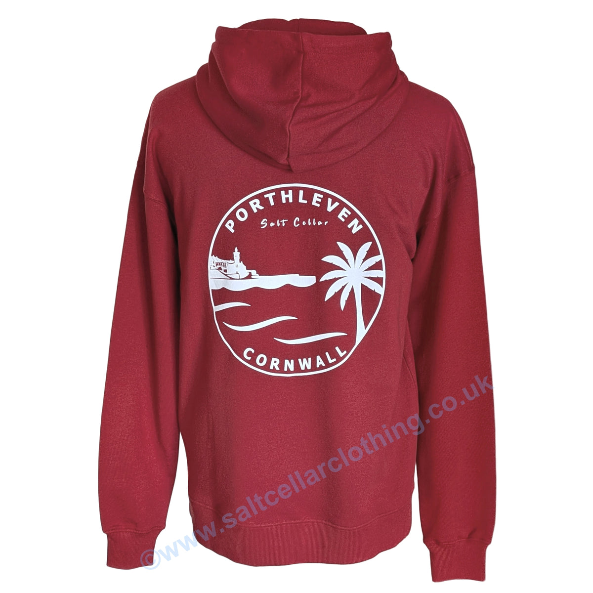 A unisex red popover hoodie shown from the back, featuring a large white circular graphic with the text 'PORTHLEVEN' 'Salt Cellar' and 'CORNWALL' with the Porthleven harbour and clocktower, waves and a palm tree illustration.