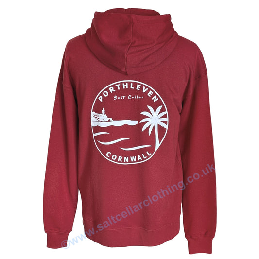 A unisex red popover hoodie shown from the back, featuring a large white circular graphic with the text 'PORTHLEVEN' 'Salt Cellar' and 'CORNWALL' with the Porthleven harbour and clocktower, waves and a palm tree illustration.