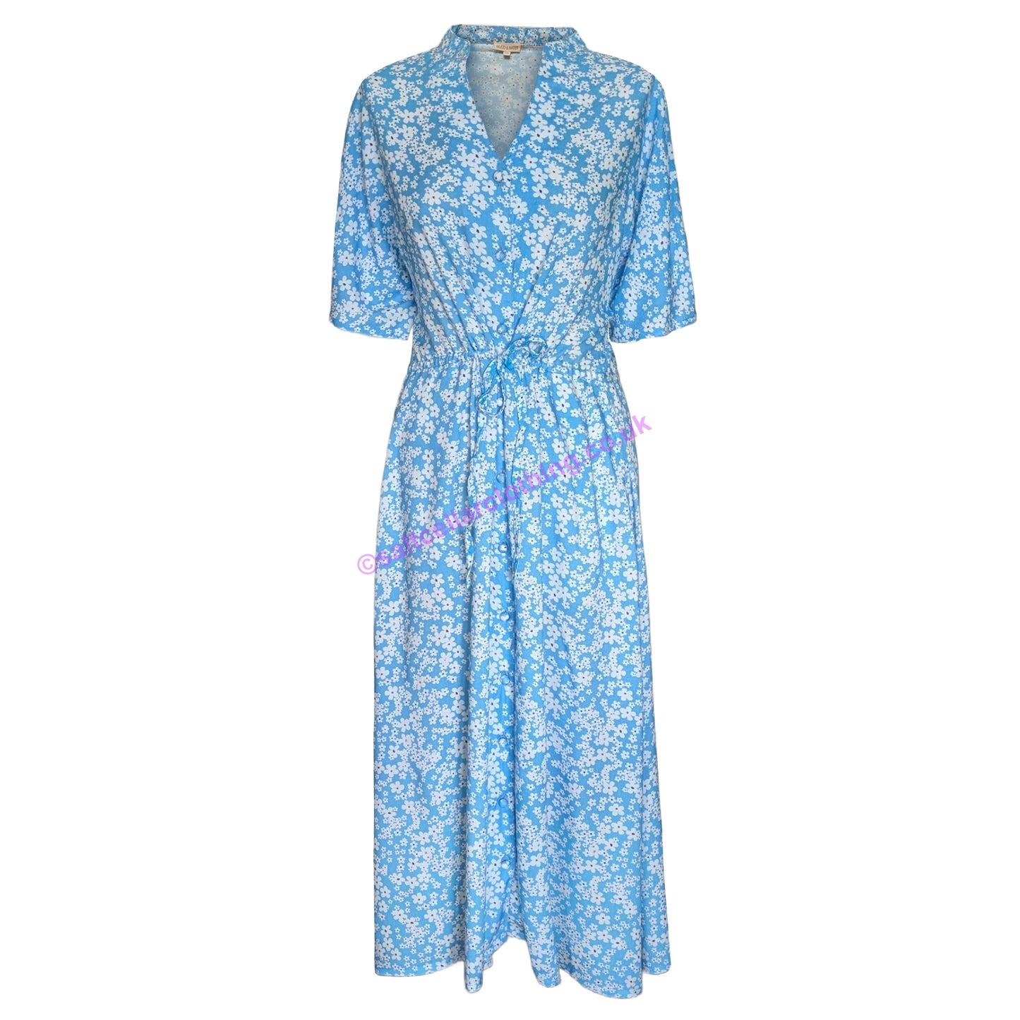 Front view of a womens Mudd & Water Alyssa short sleeve Blithe Blue floral midi dress with a tie waist and wrap neckline on a white background.