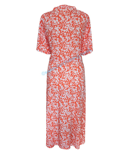 Back view of a womens Mudd & Water short sleeve Alyssa dress in coral with a floral pattern on a white background.