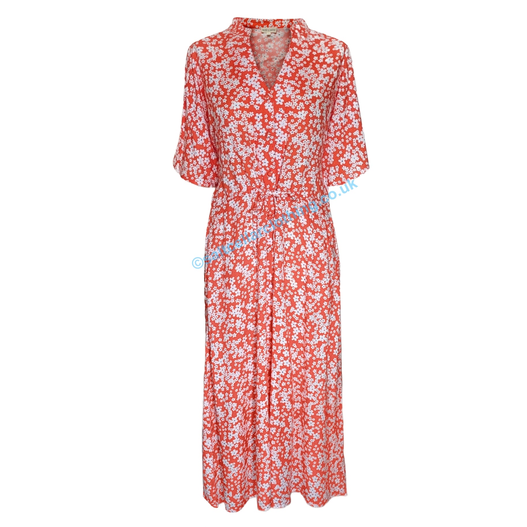 Front view of a Mudd & Water womens Alyssa short sleeve coral dress with a floral pattern on a white background
