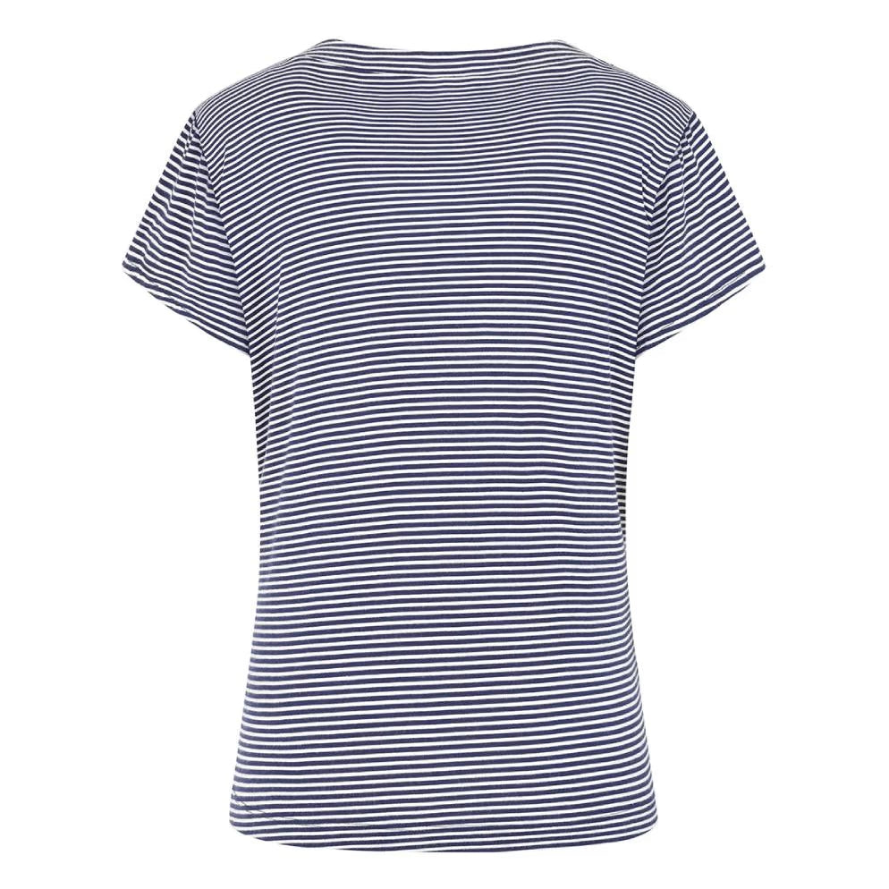 Back view of a navy and white fine stripe pattern Mudd & Water womens St Tropez top on a white background