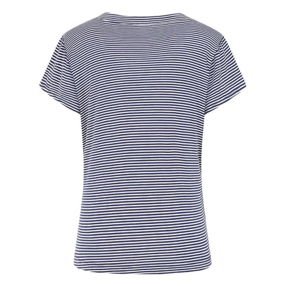Back view of a navy and white fine stripe pattern Mudd & Water womens St Tropez top on a white background