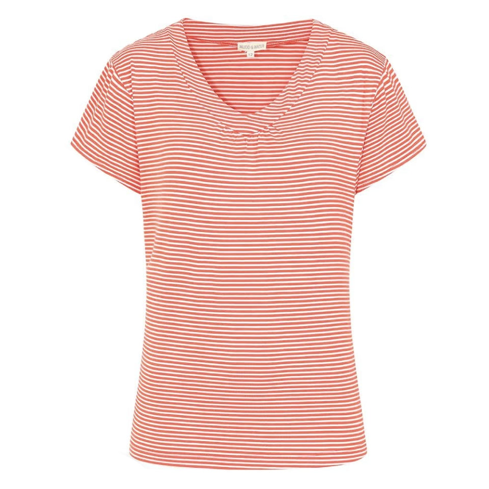 Front view of a womens Mudd & Water short sleeve St Tropez top with a v-neckline in a fine stripe coral pattern on a white background
