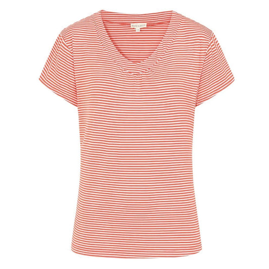 Front view of a womens Mudd & Water short sleeve St Tropez top with a v-neckline in a fine stripe coral pattern on a white background