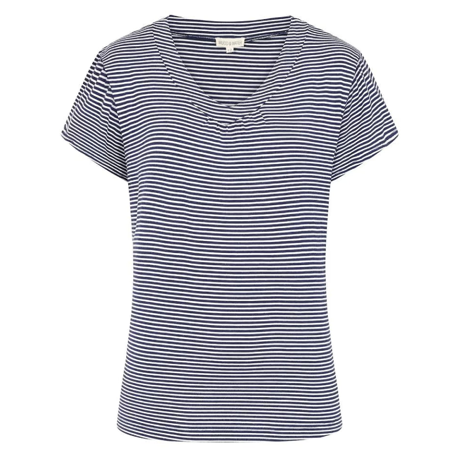 Front view of a womens Mudd & Water St Tropez short sleeve tee in a navy and white fine stripe pattern on a white background