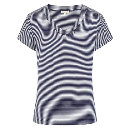Front view of a womens Mudd & Water St Tropez short sleeve tee in a navy and white fine stripe pattern on a white background