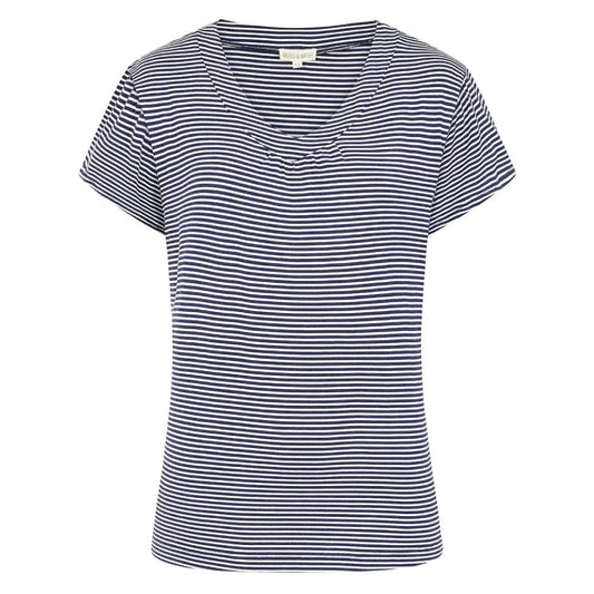 Front view of a womens Mudd & Water St Tropez short sleeve tee in a navy and white fine stripe pattern on a white background