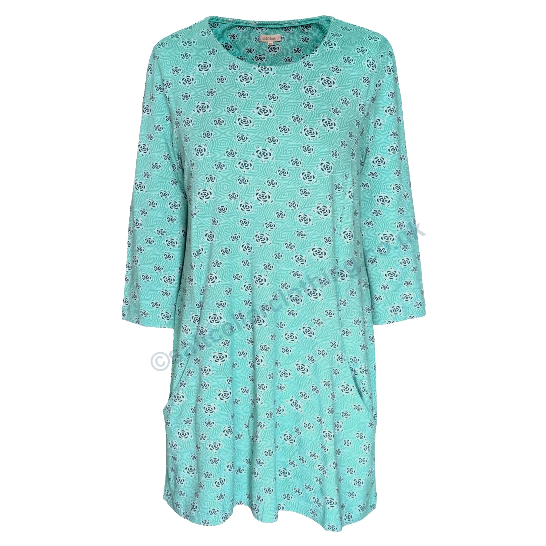 Front view of a womens Mudd & Water three quarter sleeve Francoise tunic in Ceramic Turquoise with a geo floral print on a white background