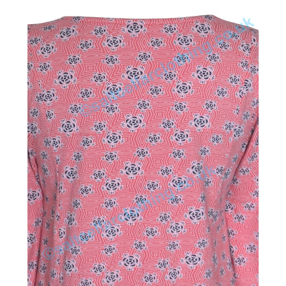 Back close-up view of a Mudd and Water womens Francoise tunic in Coral with a geo floral pattern on a white background