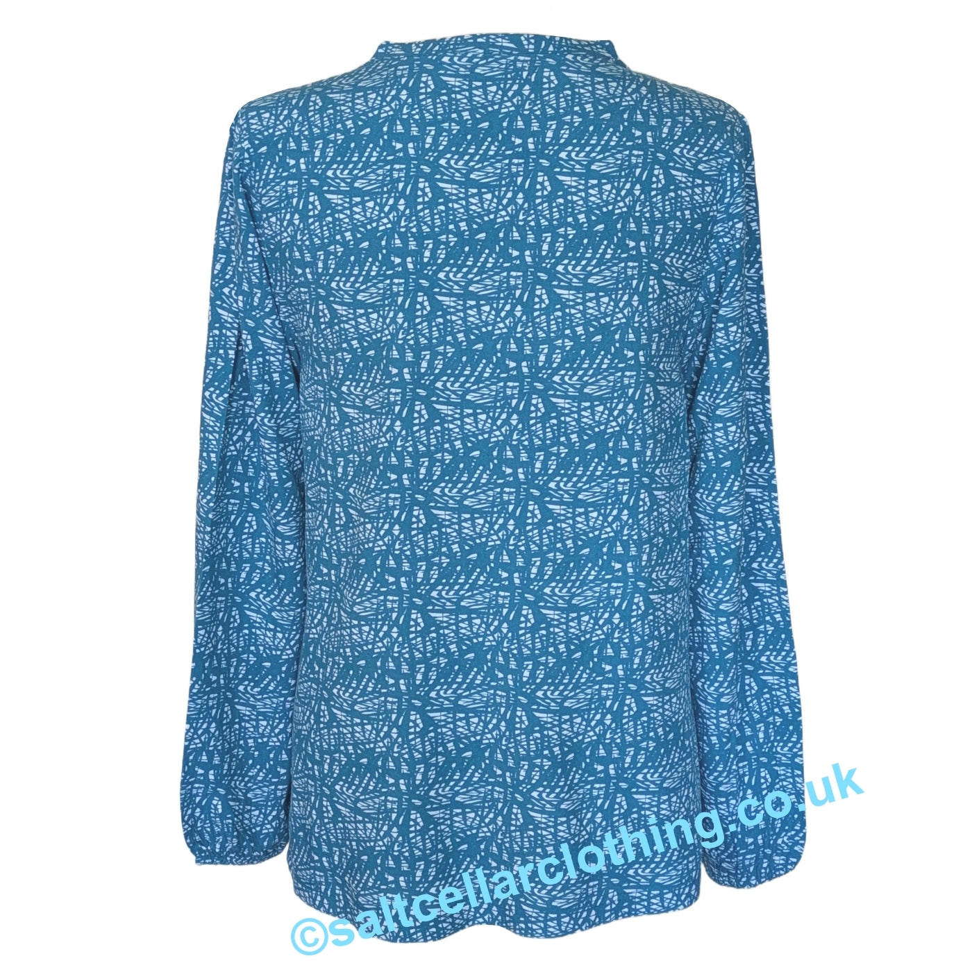 Back view of a womens Mudd & Water long sleeve Bailey Blouse in teal blue with a white abstract pattern, on a white background