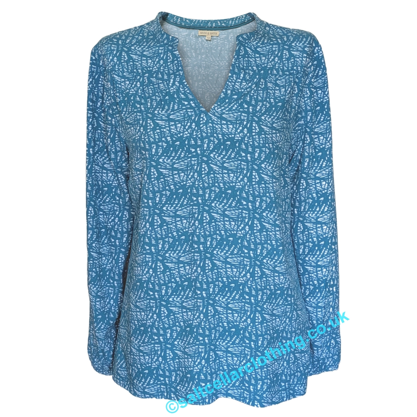 Front view of a Mudd & Water womens long sleeve Bailey louse in teal blue with a white abstract print and mandarin v-neckline, on a white background