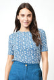 Mudd and Water Womens Kendal Top in Polka Leaf Print Teal Blue