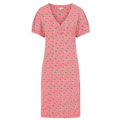 Front view of a Mudd and Water womens Florina dress in Geo Hot Coral with short sleeves V-neck and floral pattern