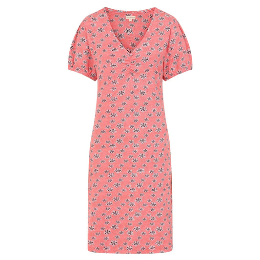 Front view of a Mudd and Water womens Florina dress in Geo Hot Coral with short sleeves V-neck and floral pattern