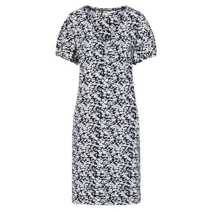 Front view of a Mudd and Water womens Florina floral Navy dress with short sleeves and V-neckline